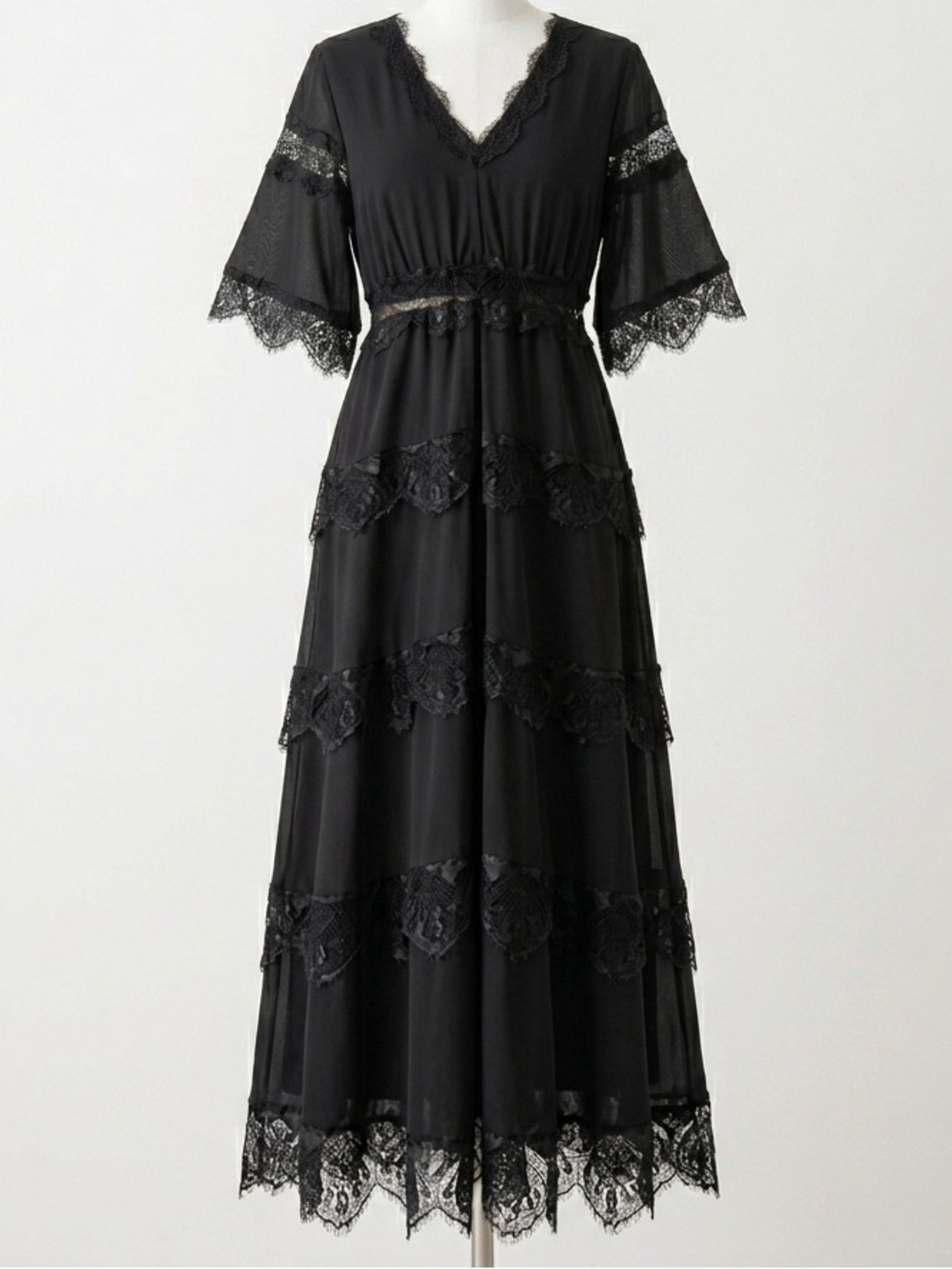 Black Lace Tiered Chiffon Maxi Dress Romantic Goth Witchy Dark Western Size L